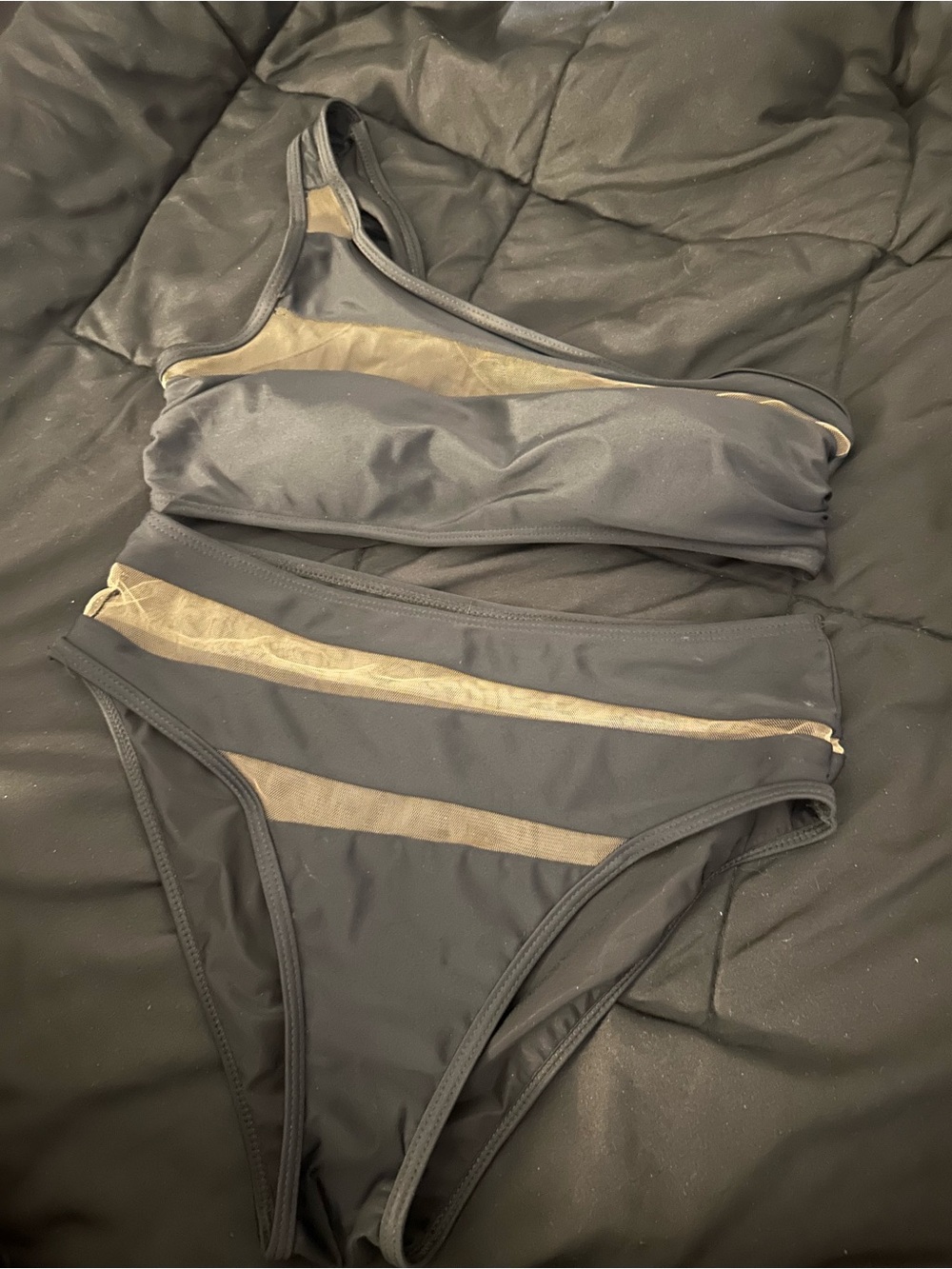 Windsor Charcoal Gray One-Shoulder Mesh Inset Bikini Set